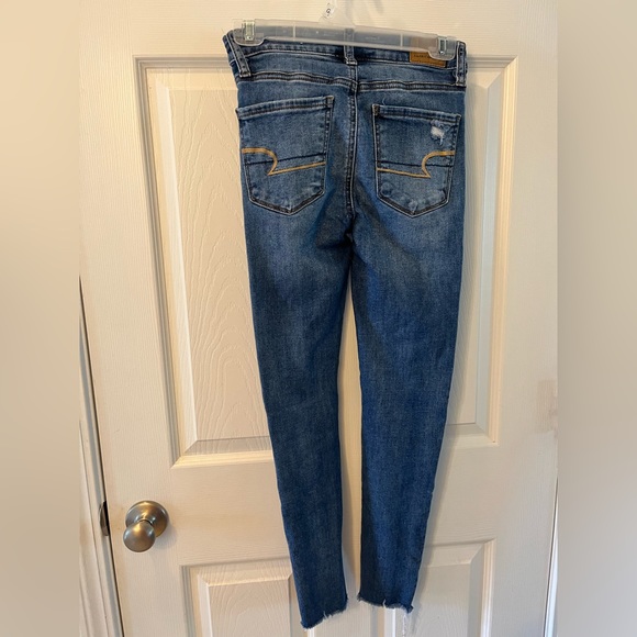 American Eagle Stretch Next Level Dark Blue Distressed Jeggings - Picture 3 of 8